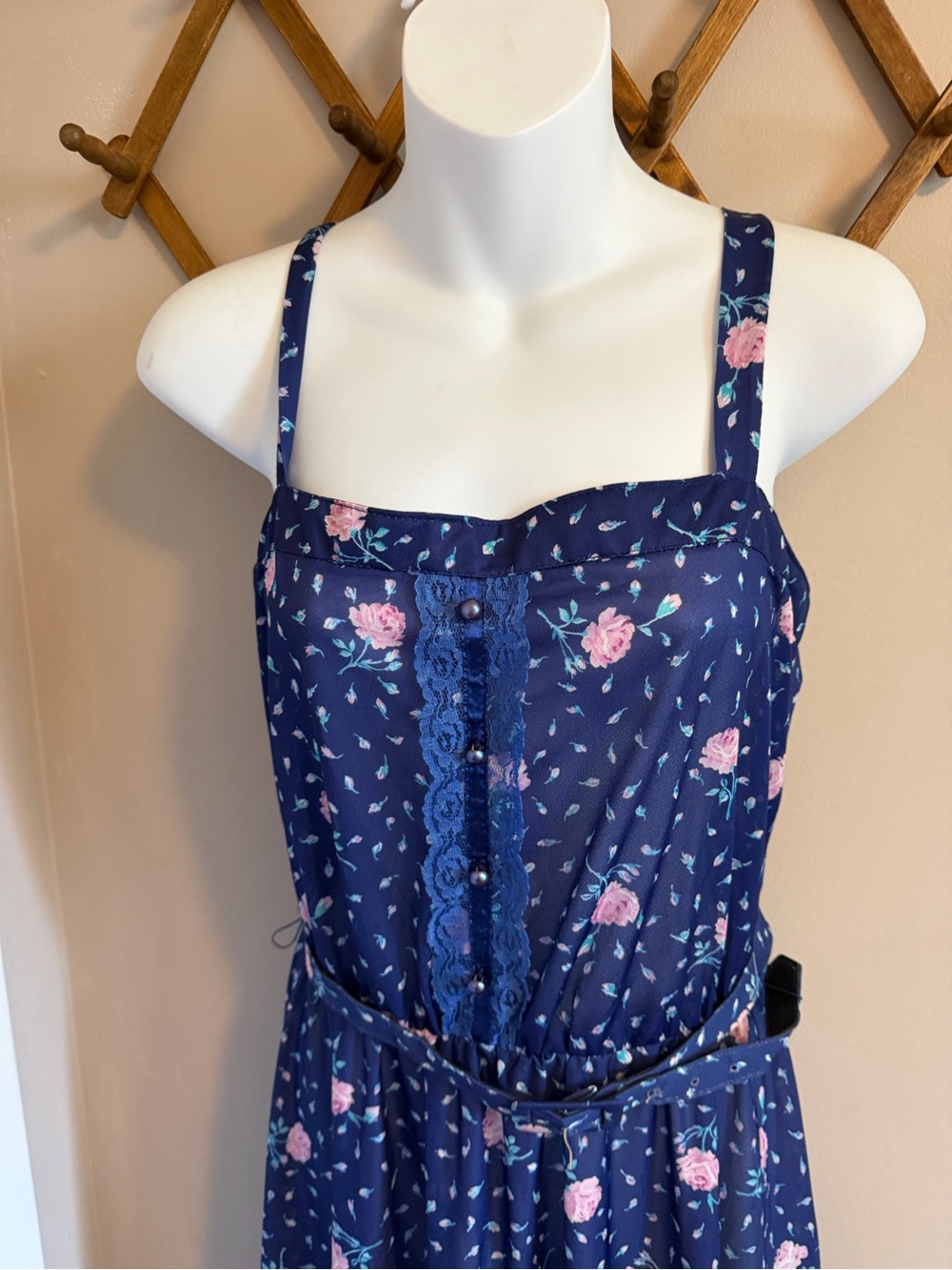 Sears Vintage Floral Lace Sheer Capelet Sundress Belted Navy Blue M - Picture 6 of 8